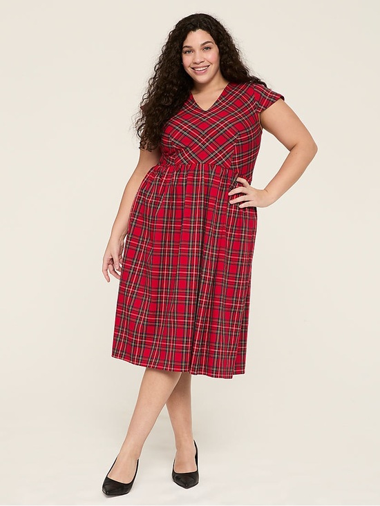 Lane Bryant Dresses & Skirts - Lane Bryant Women’s Cap-Sleeve Fit & Flare Midi Dress Red Tartan Plaid Size 24